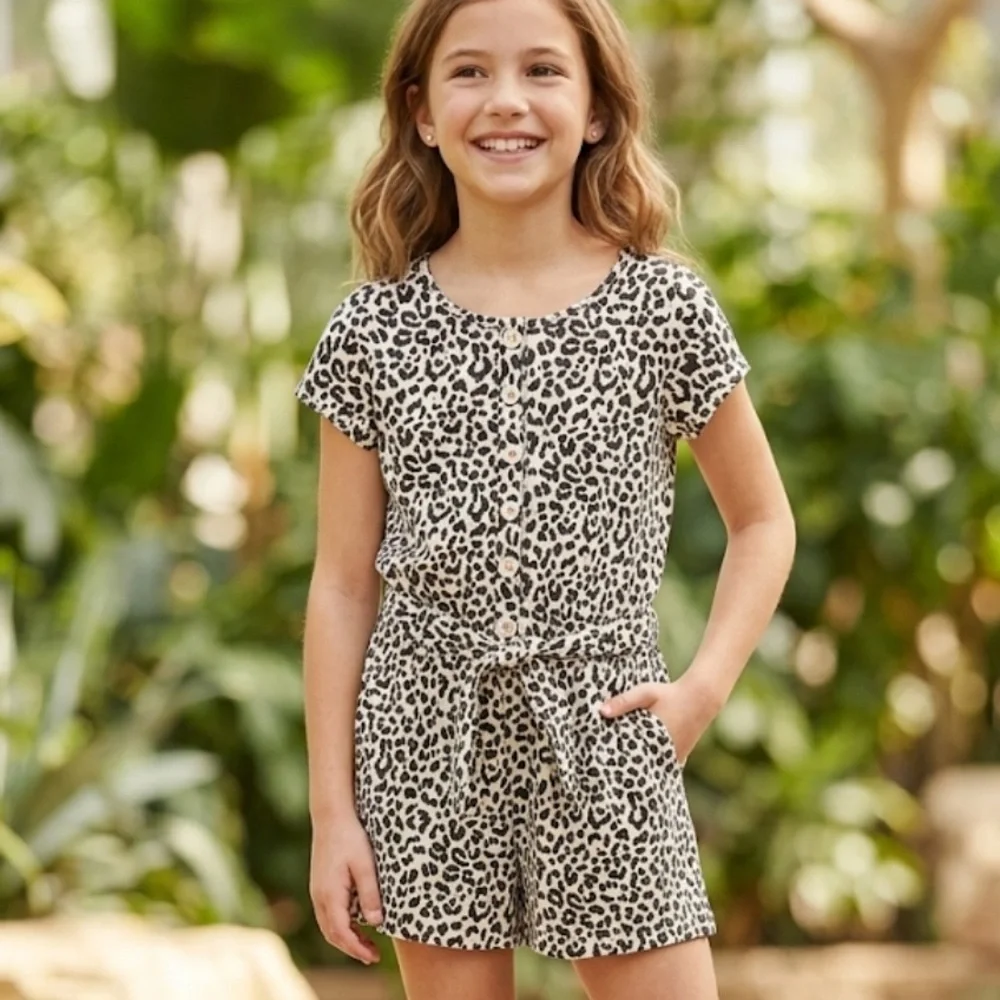 Crewcuts NEW Girls' Leopard Print Short Sleeve Romper in Black and Cream